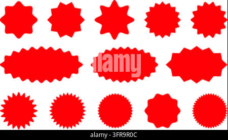 Collection de douze formes vectorielles minimalistes en éclat d'étoile rouge, badges promotionnels déchiquetés et étiquettes de solde sur fond blanc. Utile pour les éléments de marketing Illustration de Vecteur
