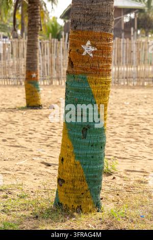 Tronc de palmier peint aux couleurs verte, jaune et rouge du drapeau du Togo avec une étoile blanche sur une plage de sable, Région Maritime, Lomé, Togo Banque D'Images