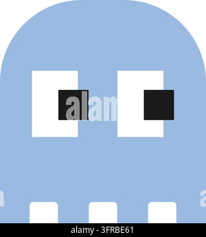 Illustration plate d'un fantôme bleu clair en forme de bloc avec de grands yeux carrés blancs, des pupilles carrés noires et un corps simple inspiré des pixels Illustration de Vecteur