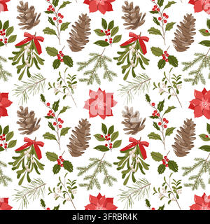 Motif sans couture avec branches de sapin de Noël, pommes de pin, gui et fleurs de poinsettia rouges Illustration de Vecteur