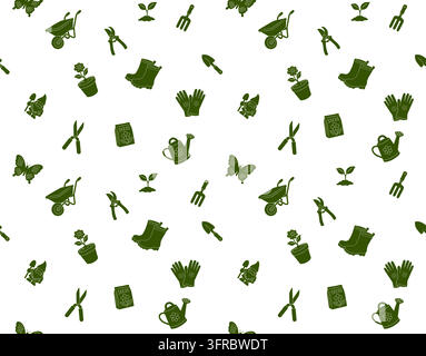 Motif sans couture d'outils de jardinage avec des brouettes vertes, des gants, des bottes, des arrosoirs, des graines, des plantes et des papillons sur blanc. Idéal pour l'impression, l'emballage Illustration de Vecteur