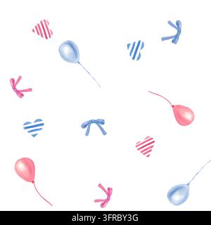 Motif sans couture présentant des cœurs, des nœuds, des ballons et des fanions en bleu et rose ; peint à la main à l'aquarelle sur un fond uni. Une illustration pour enfants Banque D'Images