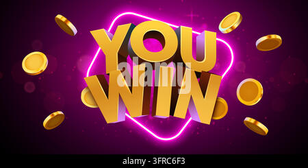 Vous gagnez une typographie 3D en or avec des pièces qui tombent sur un fond néon lumineux. Illustration vectorielle. Illustration de Vecteur