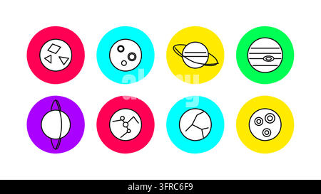 Huit illustrations simples en lignes montrent des planètes et des motifs célestes à l'intérieur de badges circulaires lumineux, y compris des planètes annelées, des lignes d'orbite et des formes géométriques Illustration de Vecteur