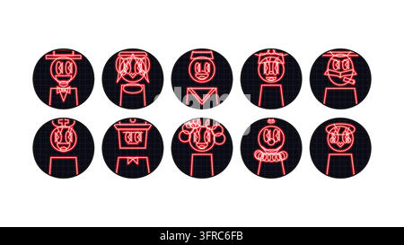 Collection d'icônes professionnelles de style néon pour la conception web lumineuse. Avatars vectoriels à lumière rouge de personnages de médecin, chef, marin, diplômé et infirmière sur Illustration de Vecteur