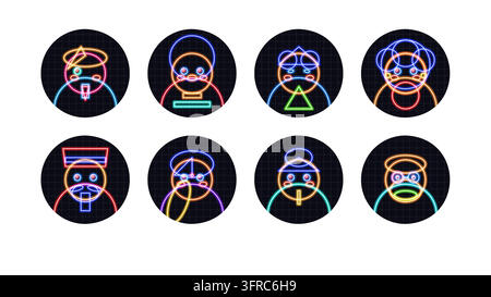 Collection d'icônes vectorielles de style néon mettant en vedette des avatars de personnages lumineux. Symboles de profil en art linéaire lumineux et colorés sur des cercles de fond noir pour Illustration de Vecteur