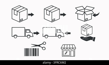 Ensemble de 8 icônes vectorielles pour la logistique inversée et les retours de produits du commerce électronique. Style d'art linéaire noir sur fond blanc. Illustration de Vecteur