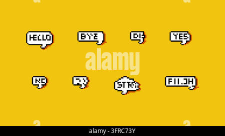 Ensemble de bulles de dialogue en art pixel rétro avec des messages de bonjour, oui, non, ok et au revoir. Icônes de nuage de chat de jeu 8 bits vectorielles sur fond jaune pour inter gaming Illustration de Vecteur