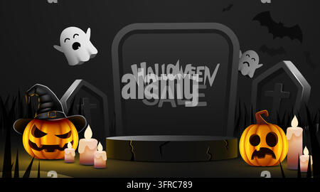 Arrière-plan promotionnel pour les soldes d'Halloween avec des éléments effrayants. Piédestal festif pour l'affichage de produits. Illustration vectorielle Illustration de Vecteur
