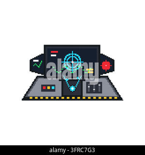Intérieur du tableau de bord du cockpit d'un vaisseau spatial avec boutons et écrans en style pixel art, vecteur d'interface détaillé pour la simulation de vol spatial Illustration de Vecteur