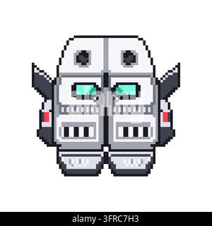 Tête de robot en pixel-art symétrique avec des yeux cyan, des panneaux métalliques gris et des contours noirs sur fond blanc. Illustration de Vecteur