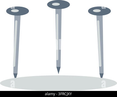 Trois clous en acier à têtes plates et pointes acérées, illustration vectorielle plate isolée sur fond blanc. Icône de fixation pour menuiserie. Illustration de Vecteur