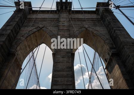 2019 New York City, États-Unis ; Vue en contre-plongée des arches gothiques et de la tour en pierre du pont de Brooklyn avec les câbles de suspension contre un ciel bleu Banque D'Images