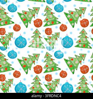 Beau fond sans joint avec un motif de Noël aquarellé avec des sapins de Noël et des ballons sur fond blanc Banque D'Images