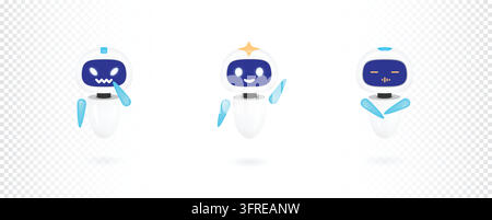 Adorables assistants robotiques IA blancs et bleus avec des expressions furieuses, heureuses et endormies dans des poses variées sur un fond quadrillé subtil. Illustration de Vecteur