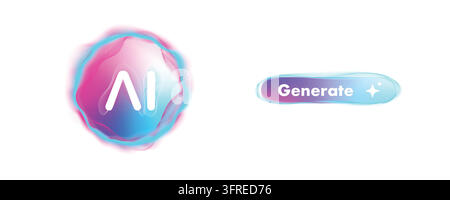 Ensemble de logo Vector IA et de bouton de génération avec des couleurs néon dégradées fluides. Élément d'interface futuriste d'intelligence artificielle, technologie d'apprentissage automatique, a Illustration de Vecteur