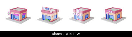 Ensemble de magasin 3D. Bâtiment de boutique isométrique pour bureau d'affaires ou restaurant. Façade de maison urbaine ou kiosque de marché. Points de vente au détail, commerce local. Petite architecture. Illustration isolée de rendu vectoriel Illustration de Vecteur