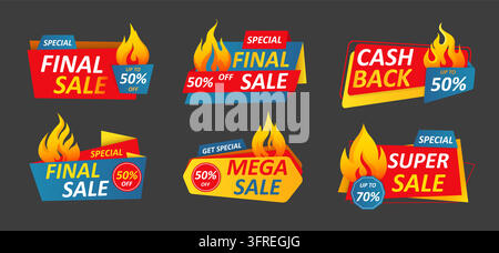 Ensemble de badges promotionnels de vente. Étiquettes de réduction colorées avec des icônes de flammes et des étiquettes de pourcentage, graphismes promotionnels de vente au détail pour des offres spéciales, des offres de cashback, prix limité. Illustration plate vectorielle isolée Illustration de Vecteur