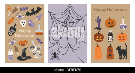 Cartes de vœux joyeuses pour Halloween avec visage de citrouille Jack-o'-lanterne, toile d'araignée, chapeau de sorcière et potions pour invitations de fête saisonnières Illustration de Vecteur