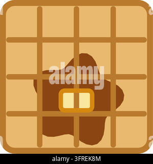 Illustration vectorielle plate d'une gaufre belge avec du sirop d'érable et une noisette de beurre, isolée sur fond blanc. Icône de dessert pour petit-déjeuner et brunch. Illustration de Vecteur