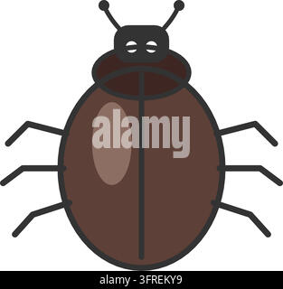 Illustration vectorielle plate d'un scarabée brun foncé avec une carapace ovale, six pattes et des antennes, vue de dessus, isolé sur fond blanc. Icône d'insecte. Illustration de Vecteur