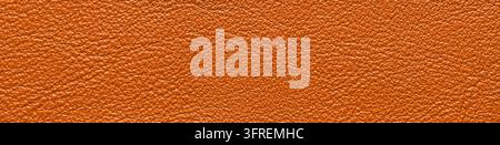 Photo bannière en gros plan d'une surface en cuir orange riche et texturée, présentant un fin motif de grain de galet, format panoramique et naturel chaud Banque D'Images