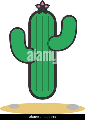 Illustration vectorielle plate d'un saguaro vert à deux bras, avec des côtes et une fleur rose au sommet, isolé sur fond blanc. Illustration de Vecteur