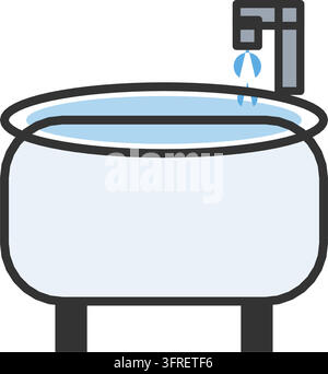 Illustration vectorielle plate d'une baignoire classique avec un robinet chromé, de l'eau à l'intérieur et de petits pieds, isolée sur fond blanc. Illustration de Vecteur