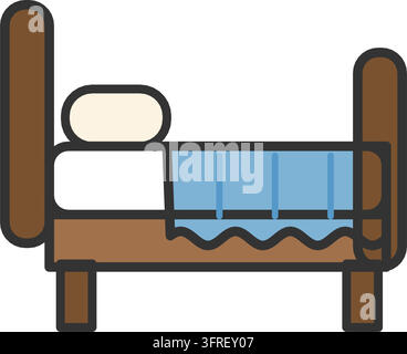 Illustration vectorielle plate d'un lit double en bois avec tête de lit, matelas, oreiller et couette drapée, isolée sur fond blanc. Illustration de Vecteur