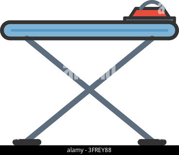 Illustration vectorielle plate d'une planche à repasser avec un cadre métallique pliable en X, un dessus rembourré et un petit fer à repasser, isolée sur fond blanc. Illustration de Vecteur