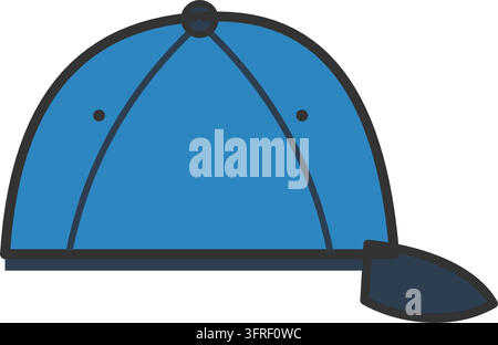 Illustration vectorielle plate d'une casquette de baseball bleue en vue latérale avec coutures de panneau, œillets et visière courbée, isolée sur fond blanc. Illustration de Vecteur