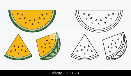Tranches de pastèque jaunes en couleur et contour noir avec tranche de fruit Illustration de Vecteur