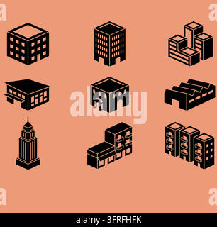 Collection d'icônes de bâtiments isométriques - Ensemble vectoriel d'architecture urbaine Illustration de Vecteur