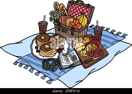 Panier à pique-nique, planche à fromage, crêpes et un livre Illustration de Vecteur
