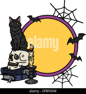 Étiquette de prix Halloween chat noir debout sur un crâne et un chandelier Illustration de Vecteur