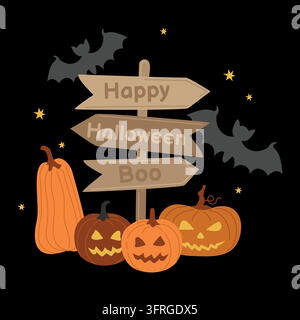 Composition pour décor automnal saisonnier, carte, saisonnier avec des visages effrayants de citrouilles Jack-o'-lantern et des chauves-souris sucrées et un panneau en bois pour Halloween joyeux Illustration de Vecteur