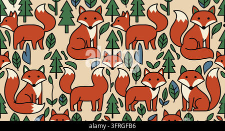 Motif sans couture mettant en scène d'adorables renards roux et des pins dans un cadre forestier Illustration de Vecteur