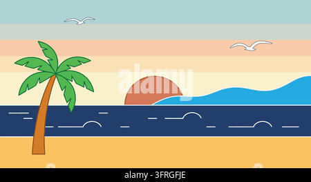 Illustration simplifiée de paysage côtier mettant en vedette un palmier et des mouettes Illustration de Vecteur