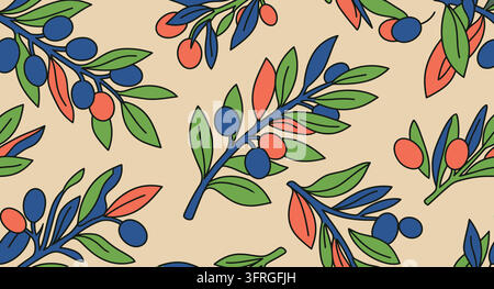 Motif sans couture de branches d'olivier dessinées à la main avec des fruits colorés sur fond beige Illustration de Vecteur
