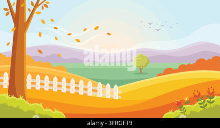 Paysage automnal avec des feuilles tombantes et une clôture blanche en bois Illustration de Vecteur