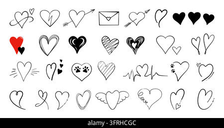 Cœurs dessinés à la main variés combinant flèches, enveloppes, ailes, points de couture, tourbillons et motifs de battement de cœur. Collection ludique pour des graphismes de Saint-Valentin, des tatouages, des autocollants, des cartes et des publications sur les réseaux sociaux Illustration de Vecteur