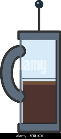 Illustration vectorielle plate d'une cafetière French Press avec beaker en verre, tige de plongeur et poignée, isolée sur fond blanc. Illustration de Vecteur
