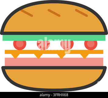 Illustration vectorielle plate d'un sandwich submarine dans un long baguette avec du jambon, du fromage, de la tomate et de la laitue, isolé sur fond blanc. Illustration de Vecteur