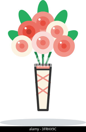 Bouquet de mariée luxuriant de roses roses, rouges et crème avec des tiges enveloppées de ruban. Illustration vectorielle plate, isolée sur fond blanc. Illustration de Vecteur