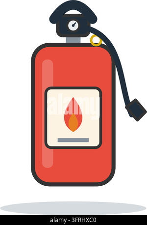 Extincteur rouge avec manomètre, poignée, goupille de sécurité, tuyau et étiquette de flamme. Illustration vectorielle plate, isolée sur fond blanc. Illustration de Vecteur