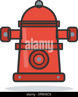 Hydrant rouge classique avec bouchons de sortie latéraux, sortie avant, anneaux de bride et sommet en dôme. Illustration vectorielle plate, isolée sur fond blanc. Illustration de Vecteur