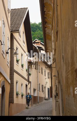 Ruelle pavée étroite avec des bâtiments traditionnels aux teintes pastel menant au centre historique de la ville médiévale de Škofja Loka, en Slovénie. Banque D'Images