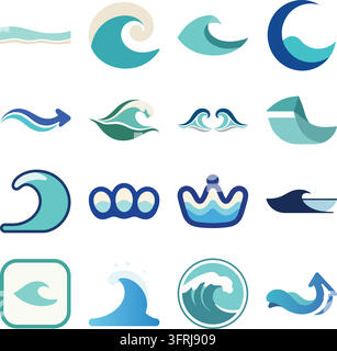 Une collection d'illustrations plates et propres présentant des symboles de vagues océaniques stylisés sous diverses formes. Illustration de Vecteur
