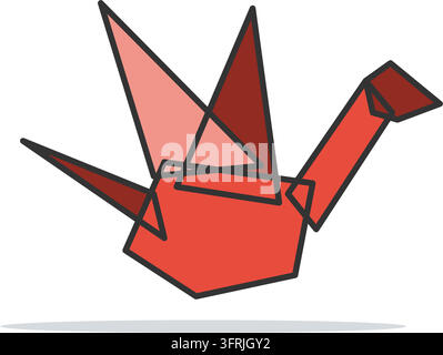 Grue en papier origami rouge aux ailes pliées, art du pliage japonais, illustration vectorielle plate isolée sur fond blanc. Illustration de Vecteur