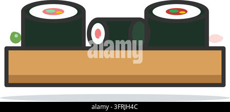 Illustration vectorielle plate de rouleaux de maki sushi sur une planche en bois avec centres de saumon et de thon, wasabi et gingembre, isolés sur fond blanc. Illustration de Vecteur